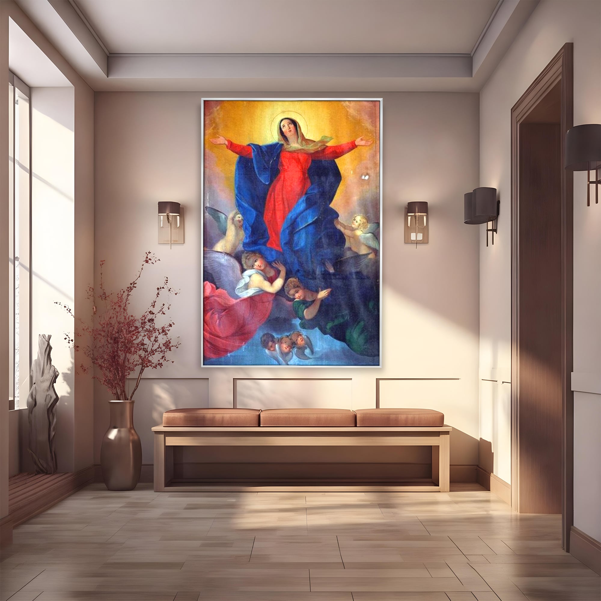 Tablou canvas cu tablou canvas cu fecioara si ingeri, in rama de aluminiu argintiu